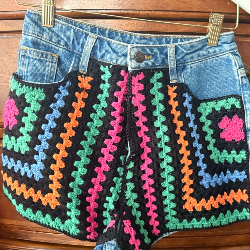 Farm Rio Colorful Crochet Denim Shorts